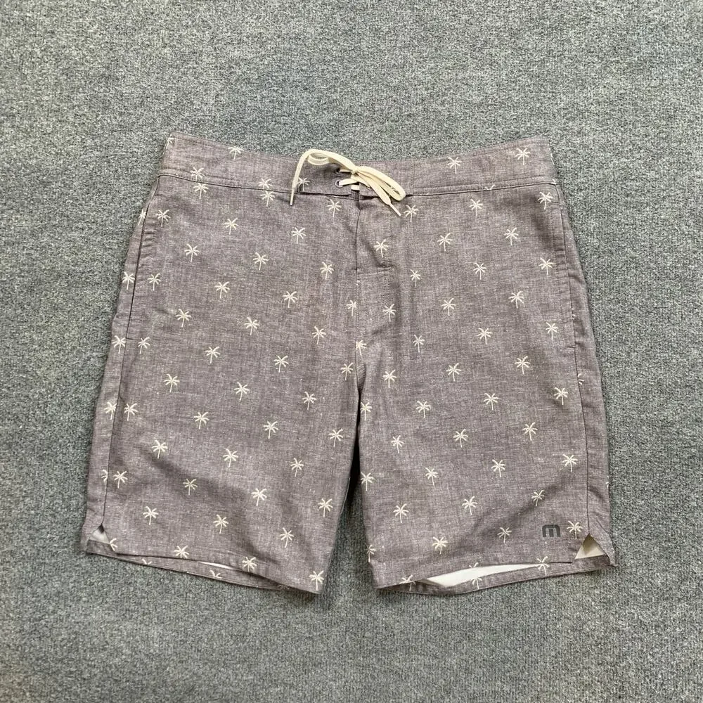 Travis Mathew Board Shorts Mens 36 Gray Palm Tree Drawstring Tie Beach Surf Swim